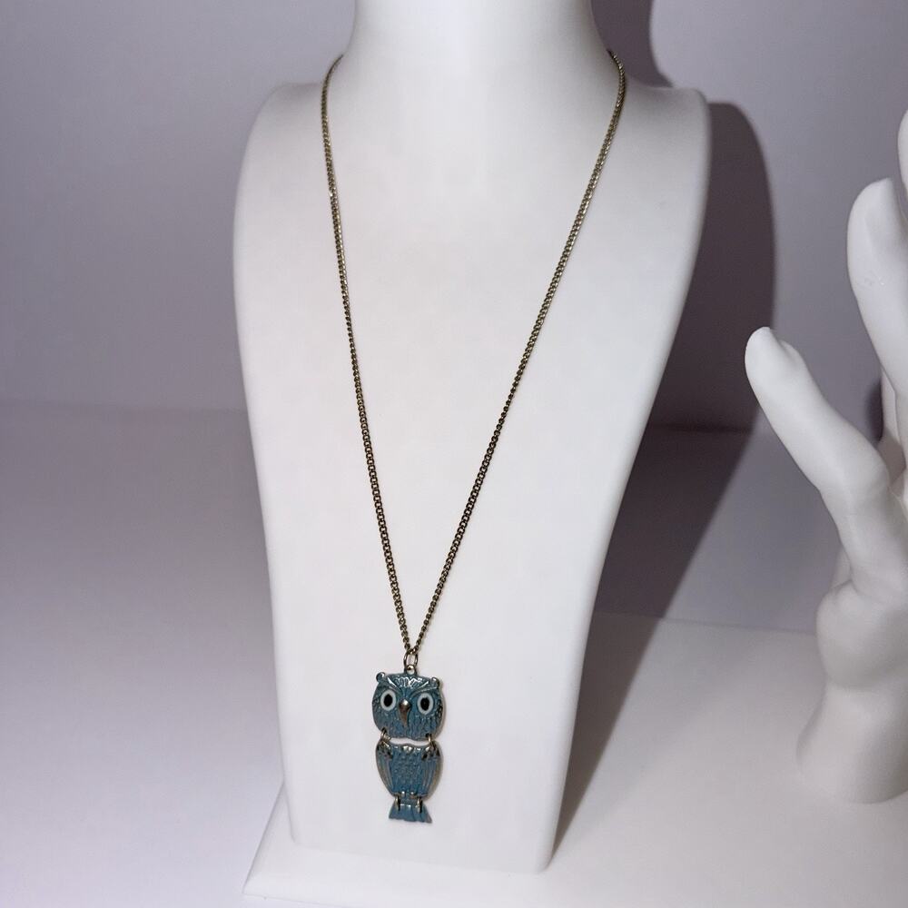 Articulated Blue Enamel Owl Pendant Necklace Statement Piece Hipster Chic